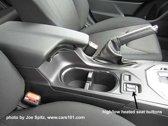2017 Subaru Impreza Premium center console and plastic armrest. Notice the heated seat buttons.