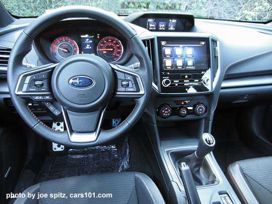 2017 Subaru Impreza Sport manual transmission interior, leather wrapped steering wheel, 8" android auto and apple carplay audio,