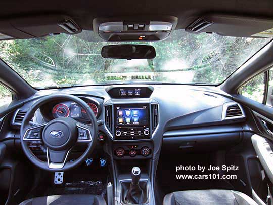 2017 Subaru Impreza Sport manual transmission interior, metal petal covers, leather wrapped steering wheel, 8" android auto and apple carplay audio,