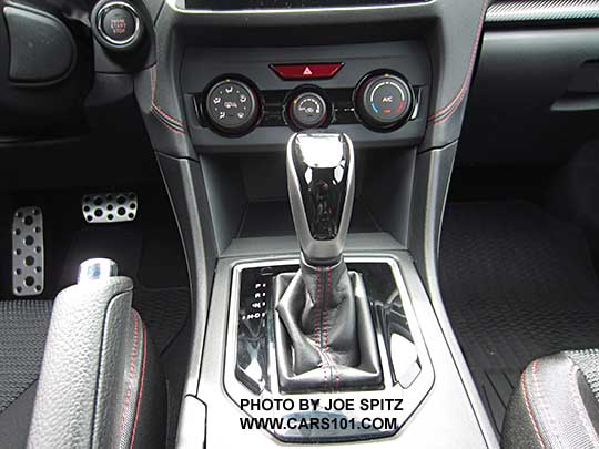 2017 Subaru Impreza Sport CVT gloss black shift knob and surround, black heater knobs, pushbutton start, metal  gas and brake pedal covers