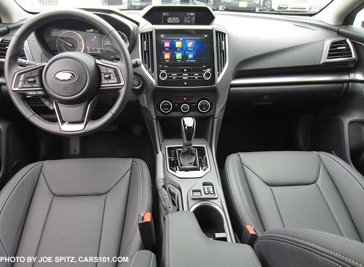 2017 Subaru Impreza Limited black leather interior and leather wrapped steering wheel with silver stitching, pushbutton start/stop, 8" audio screen, large upper console info and trip computer screen, silver trimmed automatic climate control knobs, gloss black CVT shift knob and surround, heated seat buttons, matte silver passenger side dash trim,