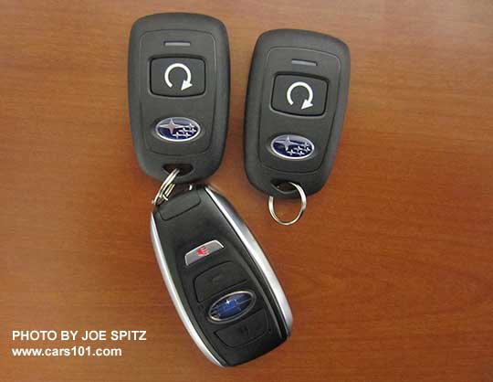 2017 Subaru Impreza pushbutton start ignition proximity fobs with optional long-range remote start fobs. Shown with pushbutton start proximity fob.