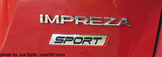 2017 Subaru Impreza Sport logo, 5 door hatchback rear gate, lithium red car shown