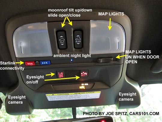 diagrammed 2017 Subaru Impreza overhead console with Eyesight cameras, map lights, moonroof buttons, bluetooth microphone, Starlink emergency connectivity button