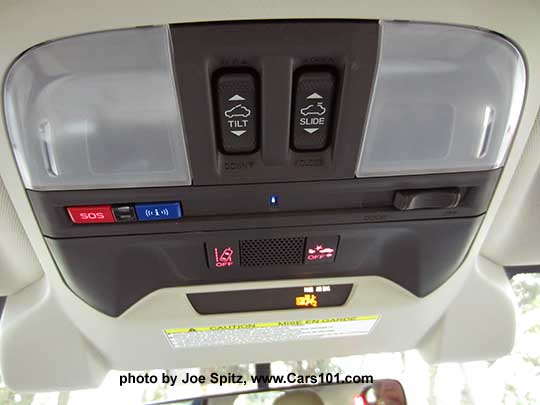 2017 Subaru Impreza overhead console with Eyesight cameras, power moonroof buttons, ambient light (blue dot light), Starlink emergency buttons, map lights