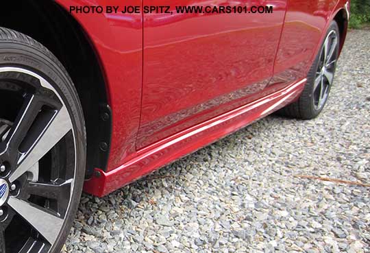 2017 Subaru Impreza Sport rocker panel trim, body colored, looking toward the rear. Lithium red shown