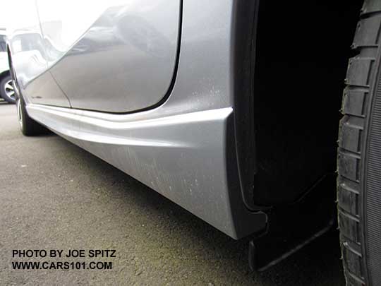 2017 Subaru Impreza Sport lower rocker panel with extra trim piece only available on the Sport 4 and 5 door. Ice silver car shown. Rear looking toward front.