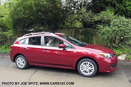 2017 Subaru Impreza Premium 5 door hatchback, 16" silver alloys, silver roof rack rails ansd optional aero cross bars. Venetian Red car shown