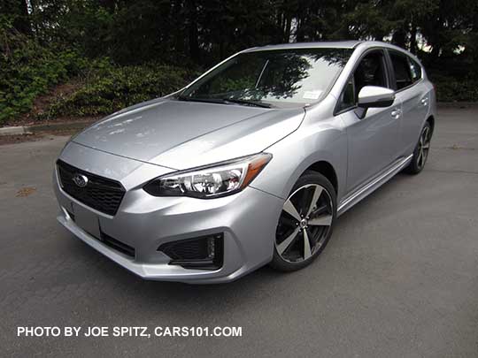 2017 ice silver Subaru Impreza Sport 5 door hatchback. 18" machined alloys, LED daytime running lights, silver door handles, body colored mirrors with turn signals