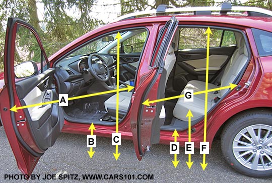 Diagrammed 2017 Subaru Impreza 5 door hatchback exterior door and seat measurements and dimensions. hand measured.