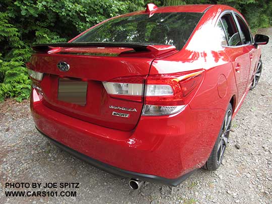 2017 Subaru Impreza Sport 4 door sedan,  black rear spoiler with body colored ends. lithium red pearl