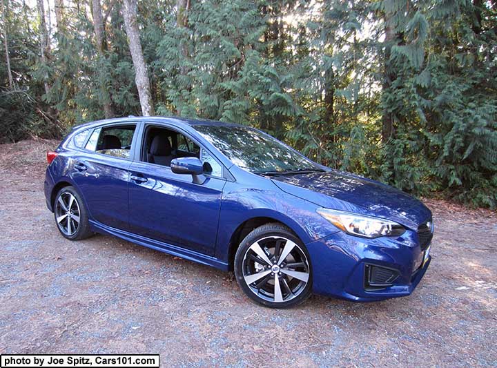 2017 Subaru Impreza Sport 5 door hatchback, 19" machined alloys,  Lapis Blue color shown.