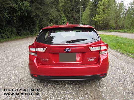 rear view 2017 Subaru Impreza Sport 5 door hatchback, Lithium Red Pearl Color
