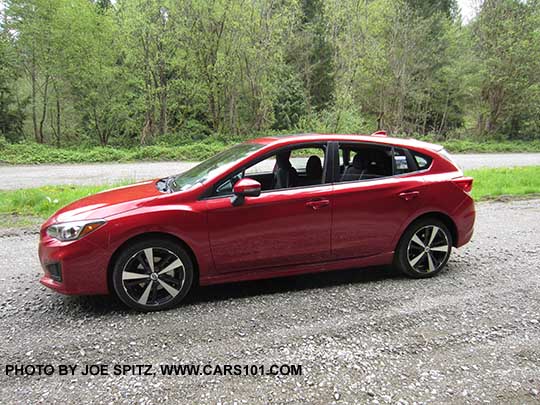 in the shadow, a  2017 Subaru Impreza Sport 5 door hatchback, Lithium Red Pearl Color