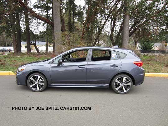 side view 2017 Subaru Impreza Sport 5 door hatchback, 18" alloys. Carbide Gray Metallic color shown.