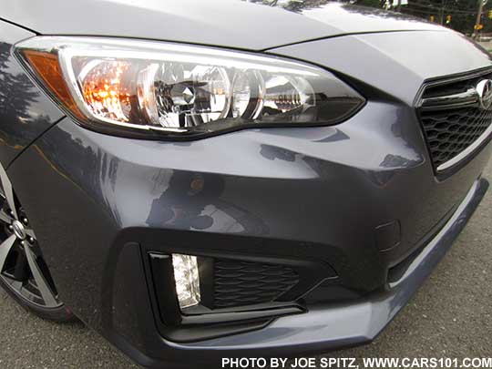 2017 Subaru Impreza Sport LED daytime running lights, front headlight. Carbide Gray Metallic color shown.