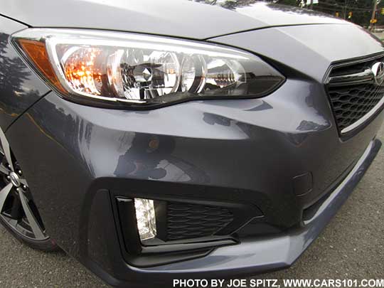 2017 Subaru Impreza Sport LED daytime running lights, front headlight. Carbide Gray Metallic color shown.