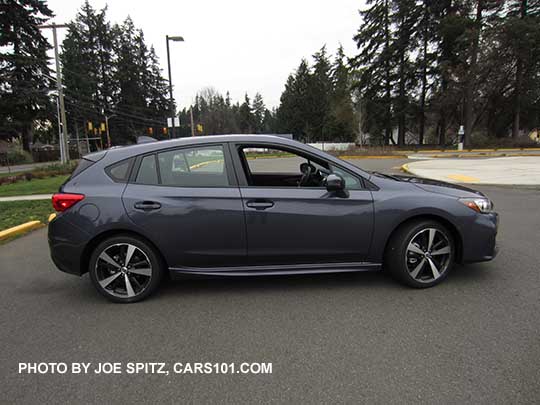 side view front view 2017 Subaru Impreza Sport 5 door hatchback, 18" machined alloys. Carbide gray color.