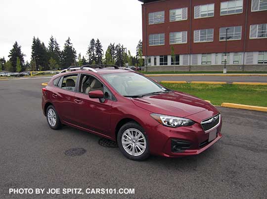 2017 Subaru Impreza Premium 5 door hatchback, 16" silver alloys, silver roof rack rails. Venetian red car.