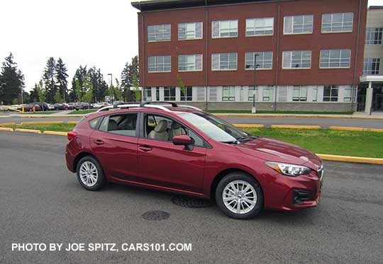 2017 Subaru Impreza Premium 5 door hatchback, 16" silver alloys, silver roof rack rails. Venetian Red car shown.