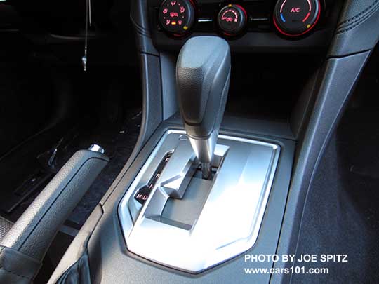 2017 Subaru Impreza Premium CVT vinyl shift handle with D drive and M manual paddle shift modes, silver shift surround
