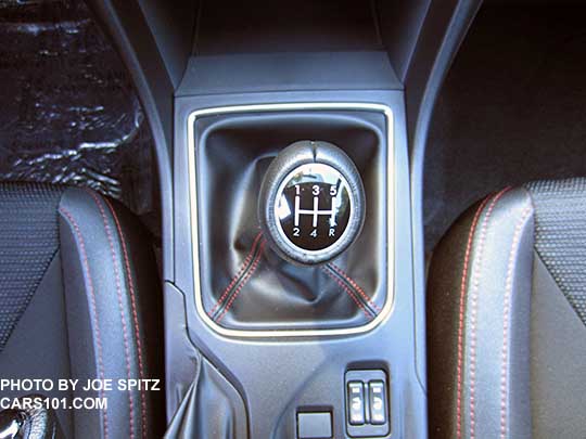 2017 Subaru Impreza Sport manual 5 speed transmission leather wrapped stick shift knob. Red stitched shift boot.