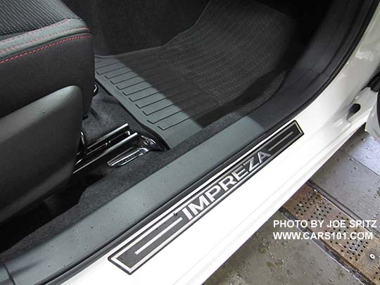 2017 Subaru Impreza optional front door sill plate with Impreza, front passenger side sill plate shown. A set is all 4 doors.