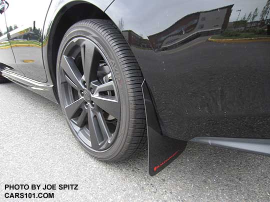 2017 Subaru Impreza Sport 4 door sedan aftermarket Rally Armour splash guards mud flaps, with blacked out 18" factory alloys wheels.