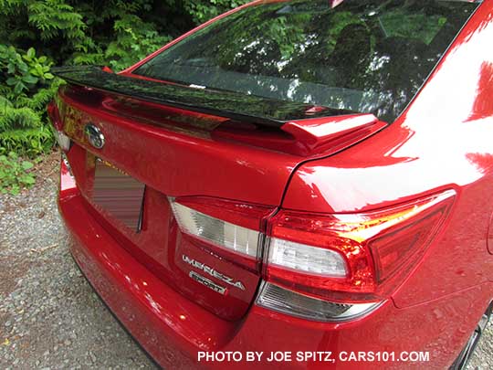 2017 Subaru Impreza Sport 4 door sedan rear trunk spoiler with body colored ends and gloss black body