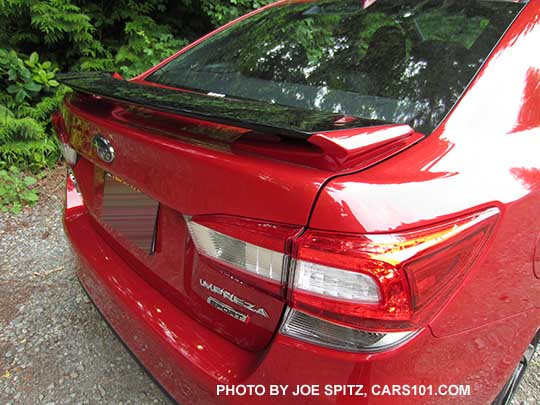 2017 Subaru Impreza Sport 4 door sedan rear trunk spoiler with body colored ends and gloss black body