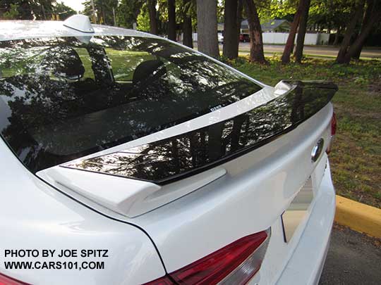 2017 Subaru Impreza Sport sedan gloss black rear spoiler with body colored ends, Crystal white shown.