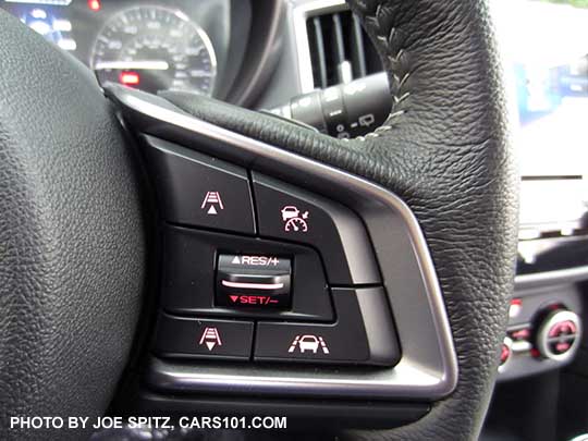 2017 Subaru Limited leather wrapped, silver stiched steering wheel, silver stitching, showing Eyesight cruise control settings. and Lane Keep on/off.