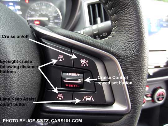 diagrammed 2017 Subaru Limited leather wrapped steering wheel, silver stitching, showing optional Eyesight cruise control settings, and Lane Keep Assist on/off button.