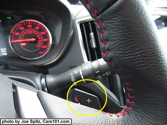 Paddle Shifters (yellow circle) are on all 2017 Subaru Impreza models except 2.0i base. Shown on 2017 Subaru Impreza Sport leather steering wheel with red stitching, red dash gauges