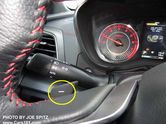 Paddle Shifters (yellow circle) are on all 2017 Subaru Impreza models except 2.0i base. Shown on 2017 Subaru Impreza Sport leather steering wheel with red stitching