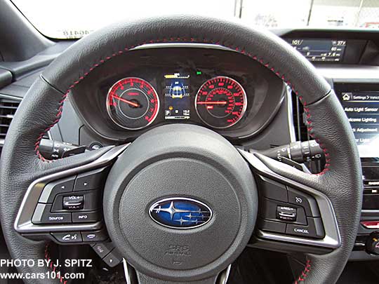 2017 Subaru Impreza Sport model leather wrapped steering wheel with red stitching