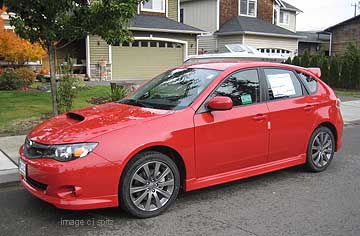 WRX, 2010 model side view. lightening red shown