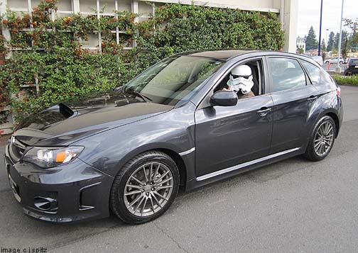 Star Wars Storm Trooper commandeering a 2011 WRX 5 door