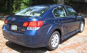 azurite blue premium Subaru Legacy 2010 sedan, rear and side view
