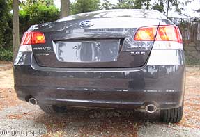 2010 Legacy 3.6R has dual exhaust tips. Graphite gray shown