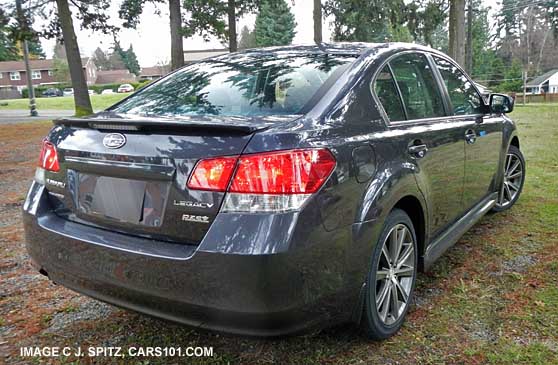 2013 subaru legacy 2.5L Sport, rear view with rear spoiler, new model available Dec. 2012