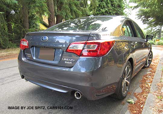 2015 Legacy 3.6 Limited has dual exhaust.  twilight blue color shown