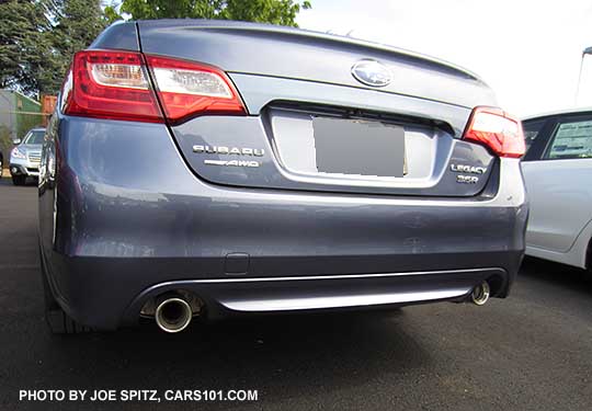 2015 Legacy 3.6 Limited has dual exhaust.  twilight blue color shown