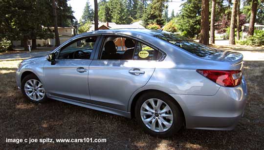 side view 2015 Subaru Legacy Premium sedan, ice silver shown