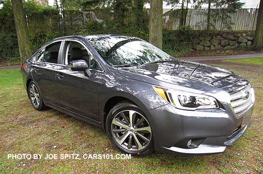 corner view 2015 Subaru Legacy Limited sedan, carbide gray shown