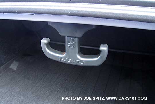 closeup of one of the 2016 Legacy's two optional cargo hooks in the trunk. The cargo hooks flip up out of the way when not in use.