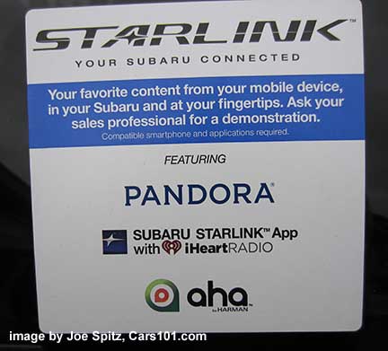 Subaru Starlink window sticker, with Aha, Pandora, iHeart radio Subaru Starlink app sticker on an outside window, with Aha, Pandora, iHeart radio, for iPhone and Android