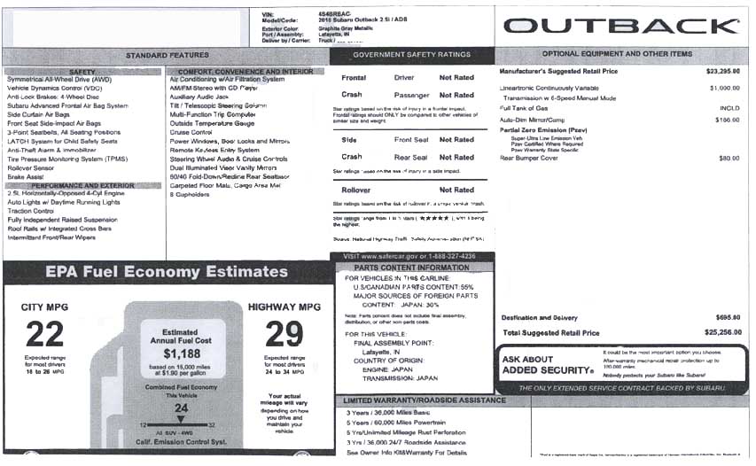 2010 Outback 2.5i Monroney window sticker-  automatic CVT