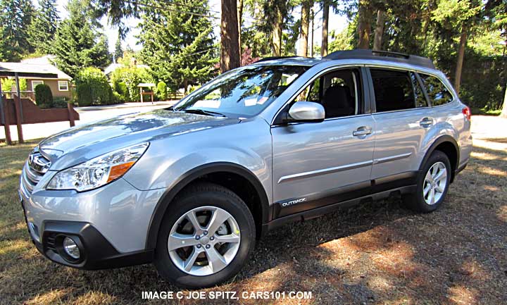 ice silver 2014 subaru outback with accessory value package bodyside moldings, wheel arch moldings
