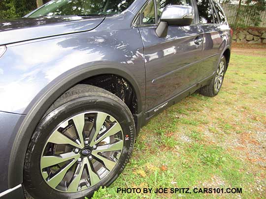 2015 Outback with optional body side moldings and wheel arch moldings. Twilight Blue shown.